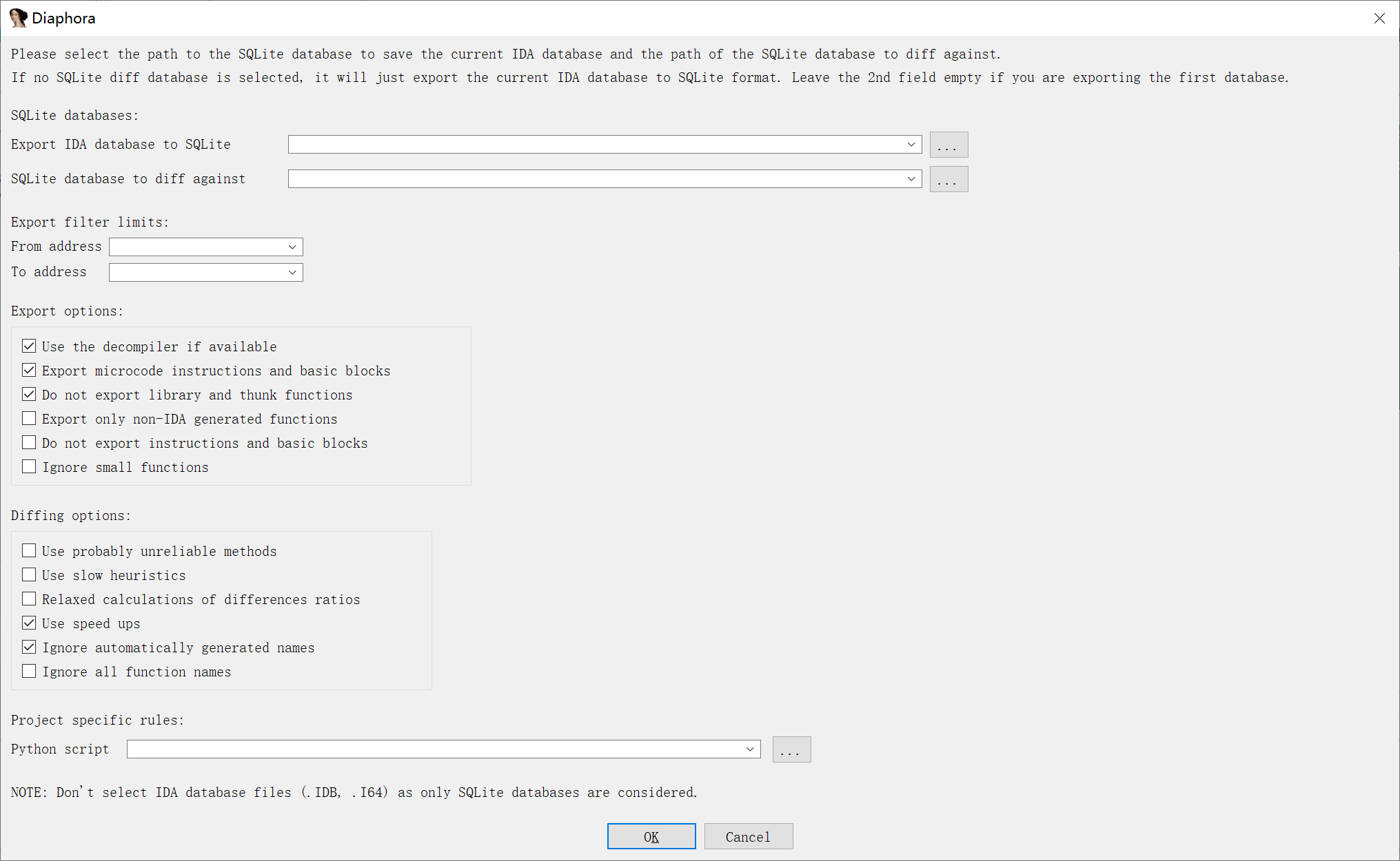 图2：Diaphora IDA Script的加载窗口，有众多配置项